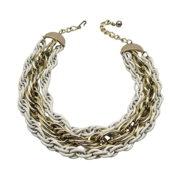 White Enamel Gold Tone Multi-Strand Bib Chunky Chain Necklace Vintage - Picture 8 of 9